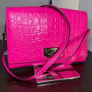 Kate Spade Fuchsia Croc-Embossed Crossbody Bag Clutch